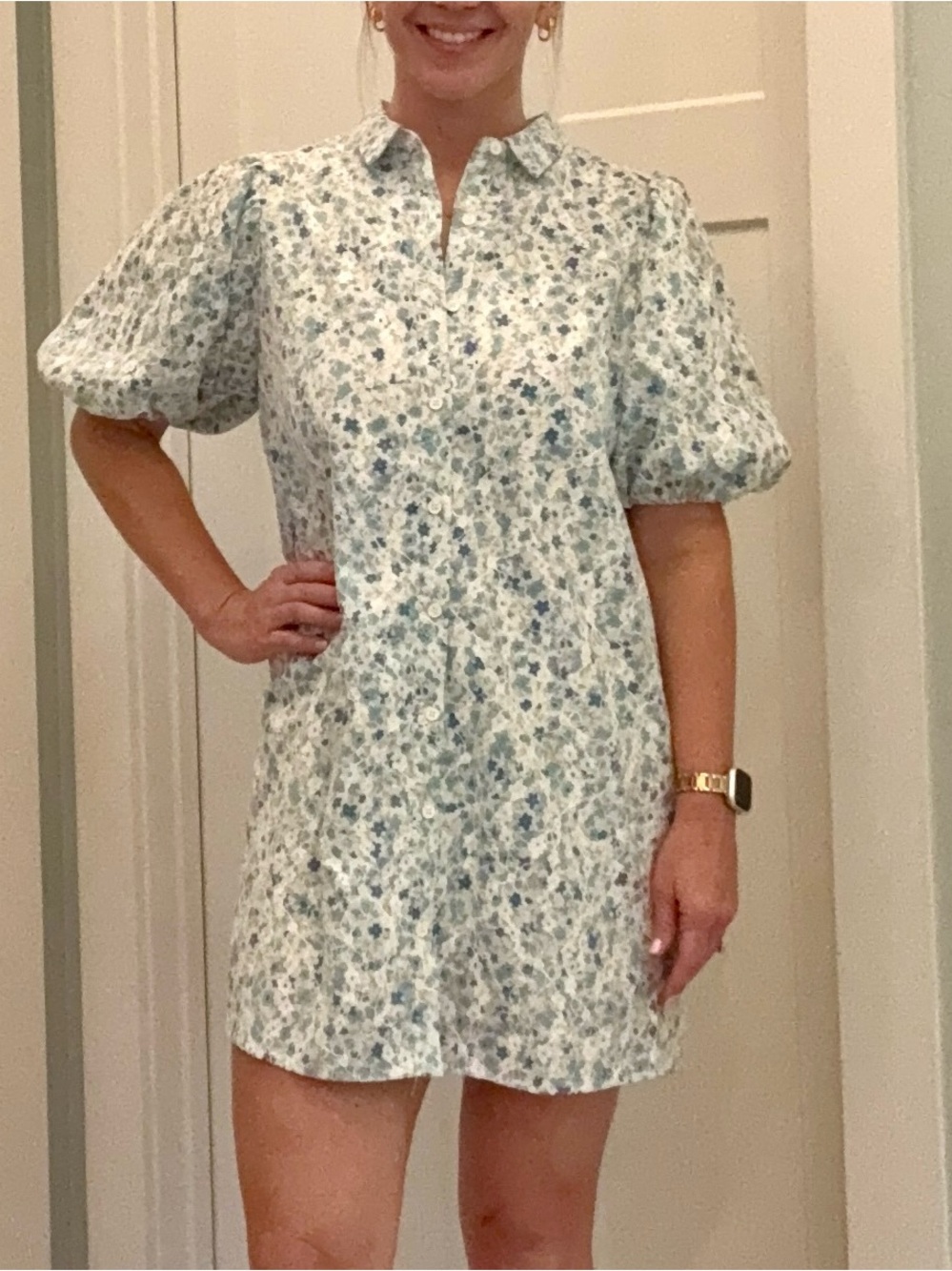 Sweet lemon Blue Floral and lace Puff Sleeve Shirt Dress